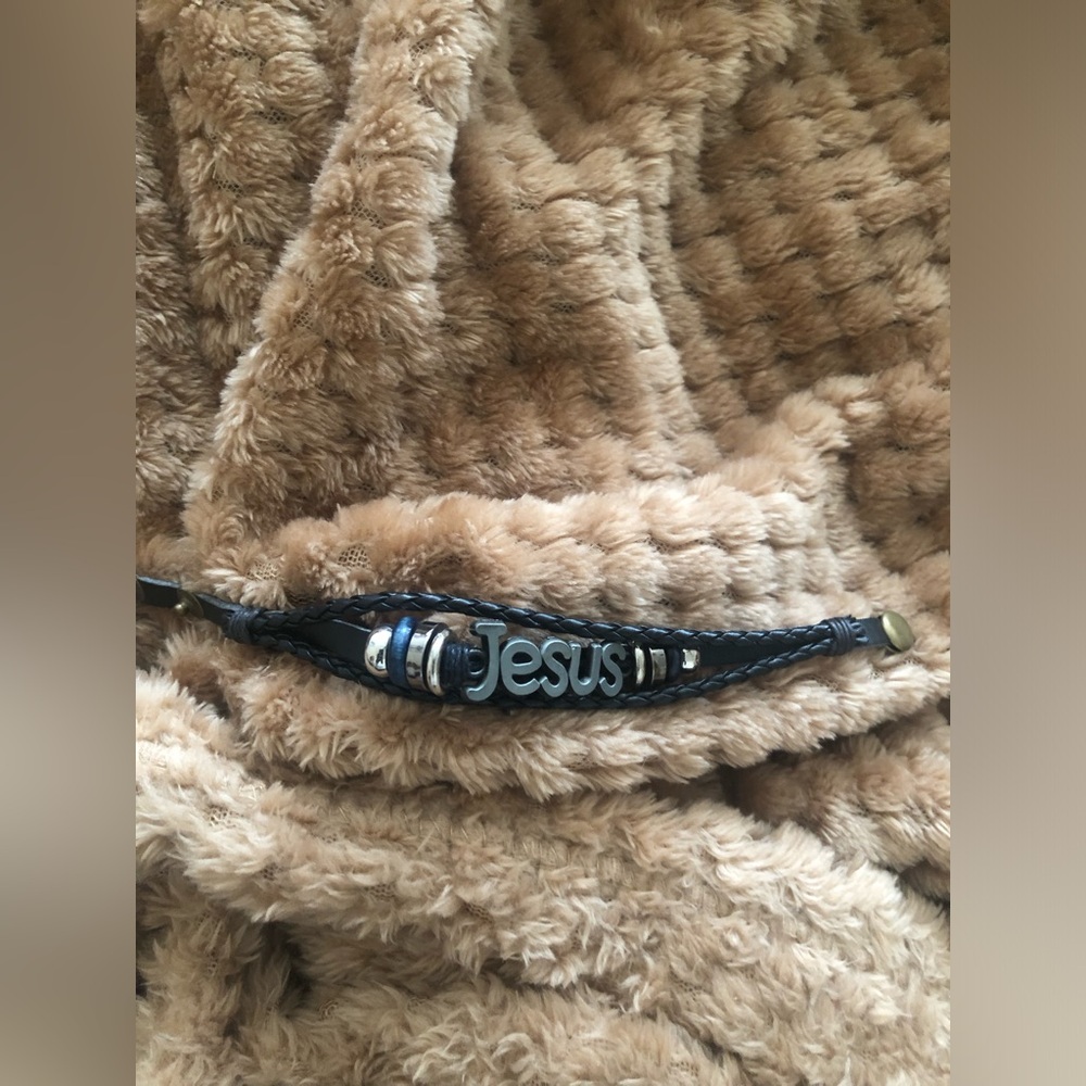 Black Unisex Leather Bracelet with 'Jesus' Charm